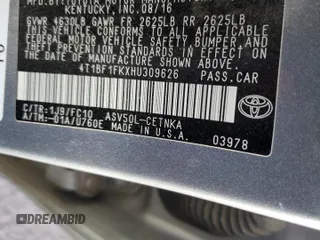 2017 Toyota Camry XLE with VIN 4T1BF1FKXHU309626, listed as a Copart auction lot 53421635 with 48,219 mi miles and Salvage Title. Bid and sale history available at carsss.com. Image 12.