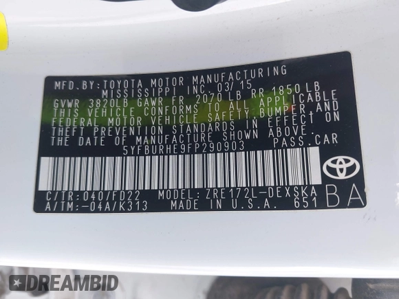 2015 Toyota Corolla L с VIN 5YFBURHE9FP290903, выставлен на аукционе IAAI как лот 42359409 с пробегом 50 334 миль миль и . История ставок и продаж доступна на DreamBid. Изображение 9.