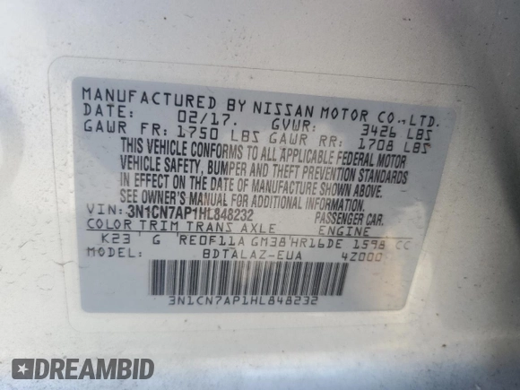 2017 Nissan Versa SV with VIN 3N1CN7AP1HL848232, listed as a Copart auction lot 61668525 with 59,578 mi miles and Salvage title. Bid and sale history available at DreamBid. Image 12.