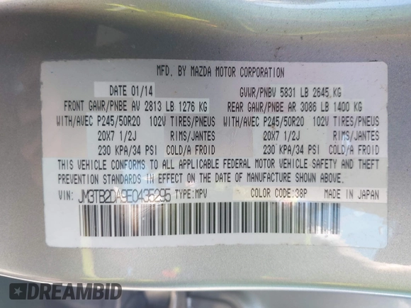 2014 Mazda CX-9 Grand Touring with VIN JM3TB2DA9E0435295, listed as a IAAI auction lot 42618683 with 177,783 mi miles and . Bid and sale history available at DreamBid. Image 9.