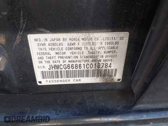 2001 Honda Accord EX z VIN JHMCG66861C018784, wystawiony jako IAAI lot #42405898 z przebiegiem 260 816 mil mil oraz . Historia ofert i sprzedaży dostępna na DreamBid. Obrazek 9.