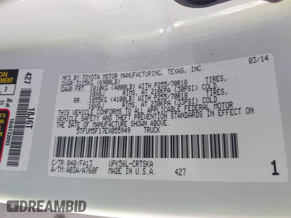 2014 Toyota Tundra 4WD Truck SR with VIN 5TFUM5F17EX055949, listed as a IAAI auction lot 41728783 with 107,019 mi miles. Bid and sale history available at carsss.com. Image 9.
