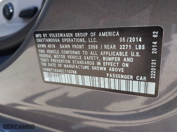 2014 Volkswagen Passat SE w/Sunroof with VIN 1VWBT7A34EC110750, listed as a IAAI auction lot 41754525 with 101,416 mi miles. Bid and sale history available at carsss.com. Image 9.
