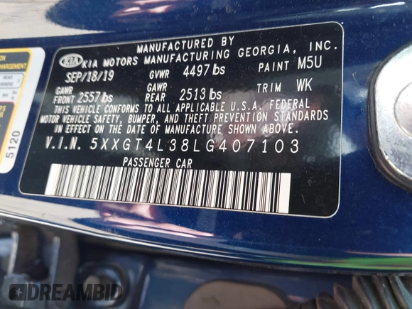 2020 Kia Optima LX with VIN 5XXGT4L38LG407103, listed as a IAAI auction lot 42130742 with 76,841 mi miles and . Bid and sale history available at DreamBid. Image 9.