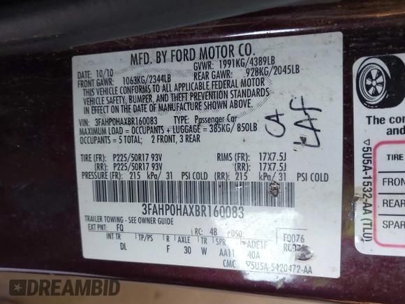 2011 Ford Fusion SE with VIN 3FAHP0HAXBR160083, listed as a IAAI auction lot 41964198 with 114,552 mi miles. Bid and sale history available at carsss.com. Image 9.