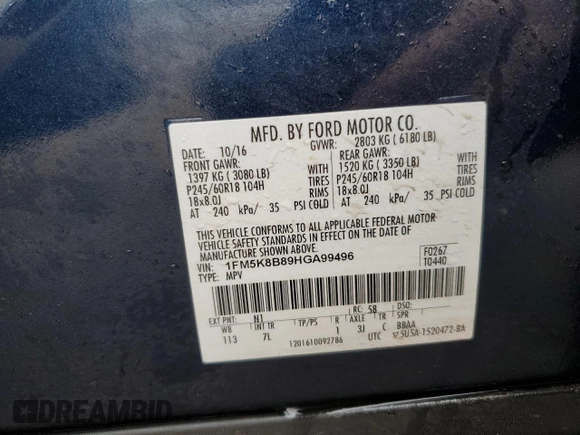 2017 Ford Explorer with VIN 1FM5K8B89HGA99496, listed as a Copart auction lot 43868005 with Not provided miles and Non repairable. Bid and sale history available at DreamBid. Image 13.