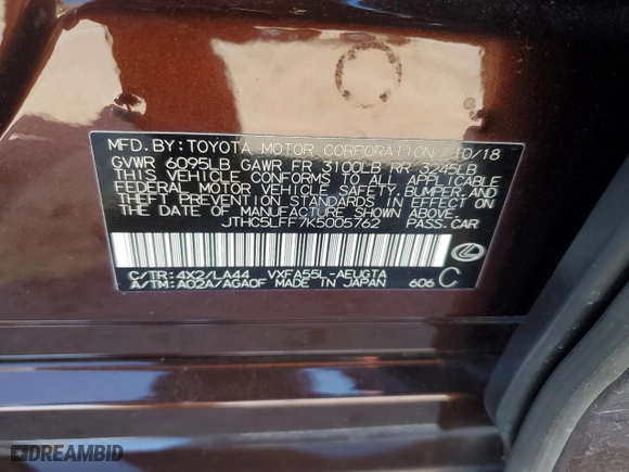 2019 Lexus LS with VIN JTHC5LFF7K5005762, listed as a Copart auction lot 83440964 with 41,412 mi miles and Salvage Title. Bid and sale history available at carsss.com. Image 12.