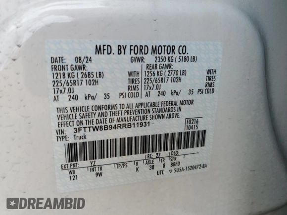 2024 Ford Maverick XL с VIN 3FTTW8B94RRB11931, выставлен на аукционе Copart как лот 54174125 с пробегом 10 621 миль миль и Списание • Salvage title. История ставок и продаж доступна на DreamBid. Изображение 12.