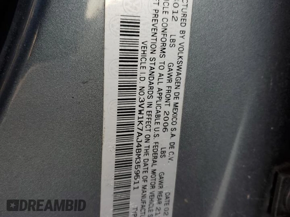 2011 Volkswagen Jetta Sedan S with VIN 3VW1K7AJ4BM359511, listed as a Copart auction lot 88276455 with 135,002 mi miles and Salvage Title. Bid and sale history available at carsss.com. Image 12.