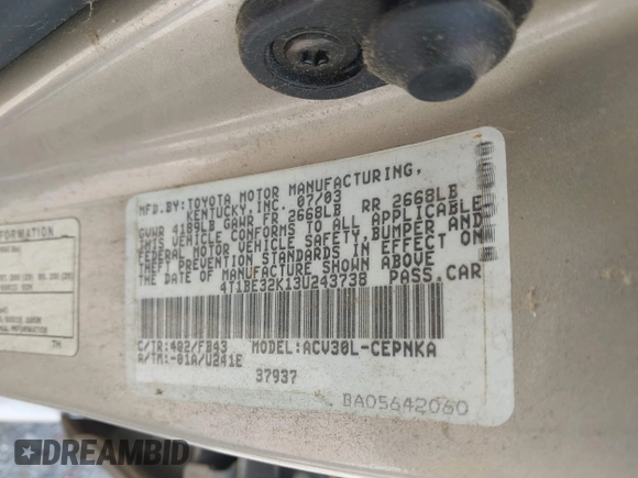 2003 Toyota Camry LE with VIN 4T1BE32K13U243738, listed as a IAAI auction lot 42120647 with Not Provided miles and . Bid and sale history available at DreamBid. Image 9.