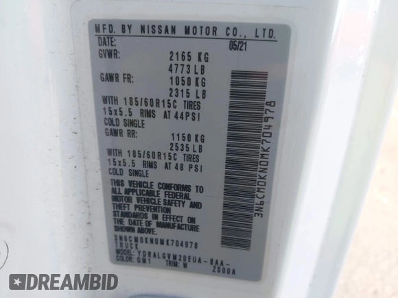 2021 Nissan NV200 S with VIN 3N6CM0KN0MK704978, listed as a IAAI auction lot 41364909 with 88,448 mi miles and . Bid and sale history available at DreamBid. Image 9.