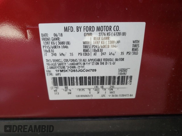 2018 Ford Explorer XLT with VIN 1FM5K7D85JGC04709, listed as a Copart auction lot 50596605 with 118,714 mi miles and Salvage Title. Bid and sale history available at DreamBid. Image 15.