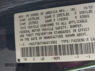 2008 Honda Accord EX with VIN 1HGCP36718A013362, listed as a IAAI auction lot 42256640 with 244,843 mi miles and . Bid and sale history available at DreamBid. Image 9.
