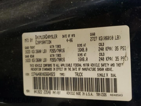 2006 Dodge Dakota SLT with VIN 1D7HW48KX6S664923, listed as a Copart auction lot 48756195 with 155,012 mi miles and Salvage Title. Bid and sale history available at carsss.com. Image 12.