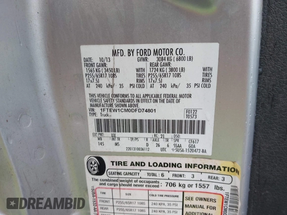 2013 Ford F-150 XL with VIN 1FTEW1CM0DFD74801, listed as a IAAI auction lot 42243697 with 135,629 mi miles and . Bid and sale history available at DreamBid. Image 9.