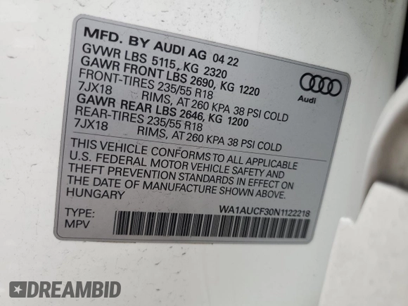 2022 Audi Q3 Premium with VIN WA1AUCF30N1122218, listed as a Copart auction lot 76286484 with 25,575 mi miles and Non Repairable. Bid and sale history available at carsss.com. Image 13.