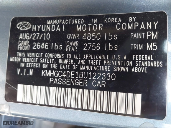 2011 Hyundai Genesis with VIN KMHGC4DE1BU122330, listed as a IAAI auction lot 41815887 with 163,948 mi miles. Bid and sale history available at carsss.com. Image 9.