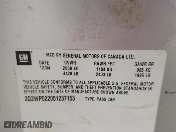 2005 Pontiac Grand Prix с VIN 2G2WP522051237153, выставлен на аукционе Copart как лот 54293235 с пробегом 129 310 миль миль и Списание • Salvage title. История ставок и продаж доступна на DreamBid. Изображение 12.