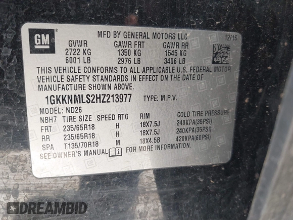 2017 GMC Acadia SLT with VIN 1GKKNMLS2HZ213977, listed as a IAAI auction lot 41894260 with 132,542 mi miles. Bid and sale history available at carsss.com. Image 9.