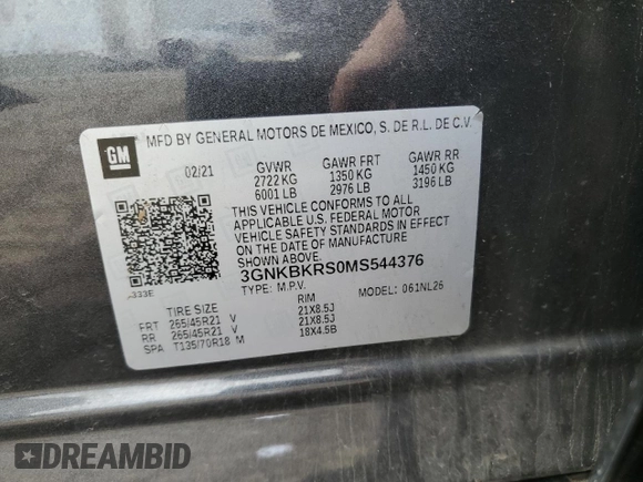 2021 Chevrolet Blazer RS with VIN 3GNKBKRS0MS544376, listed as a Copart auction lot 55801965 with 42,609 mi miles and Clean title. Bid and sale history available at DreamBid. Image 13.