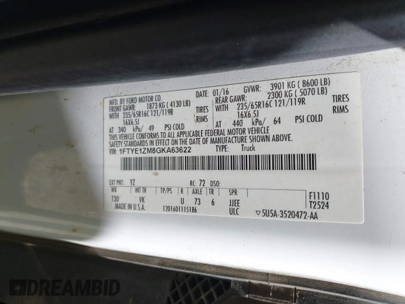 2016 Ford Transit Cargo with VIN 1FTYE1ZM8GKA63622, listed as a IAAI auction lot 41887397 with 153,206 mi miles and . Bid and sale history available at carsss.com. Image 9.