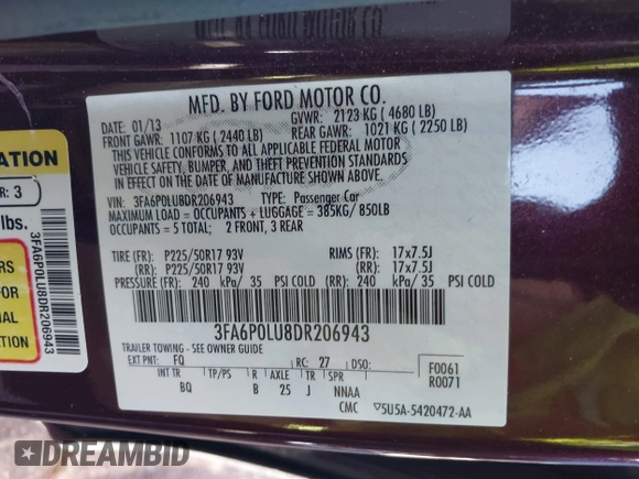 2013 Ford Fusion SE Hybrid with VIN 3FA6P0LU8DR206943, listed as a IAAI auction lot 41822643 with 141,484 mi miles. Bid and sale history available at carsss.com. Image 9.