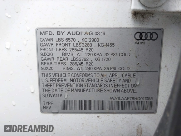 2017 Audi Q7 Premium Plus with VIN WA1LAAF78HD011055, listed as a IAAI auction lot 42509579 with 115,815 mi miles and . Bid and sale history available at DreamBid. Image 9.