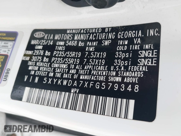 2015 Kia Sorento SX Limited with VIN 5XYKWDA7XFG579348, listed as a IAAI auction lot 42542791 with 76,823 mi miles and . Bid and sale history available at DreamBid. Image 9.