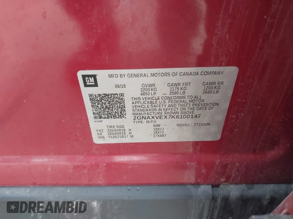 2019 Chevrolet Equinox LT with VIN 2GNAXVEX7K6100147, listed as a IAAI auction lot 41694356 with 105,372 mi miles. Bid and sale history available at carsss.com. Image 9.
