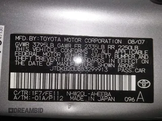 2008 Toyota Prius with VIN JTDKB20U883299913, listed as a IAAI auction lot 41143444 with 124,074 mi miles. Bid and sale history available at carsss.com. Image 9.