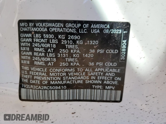 2024 Volkswagen Atlas SE with VIN 1V2LR2CA2RC509410, listed as a Copart auction lot 53827885 with 22,107 mi miles and Salvage title. Bid and sale history available at DreamBid. Image 13.