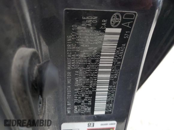 2010 Toyota Corolla with VIN 2T1BU4EEXAC528693, listed as a Copart auction lot 42368305 with 170,529 mi miles and Salvage Title. Bid and sale history available at DreamBid. Image 12.