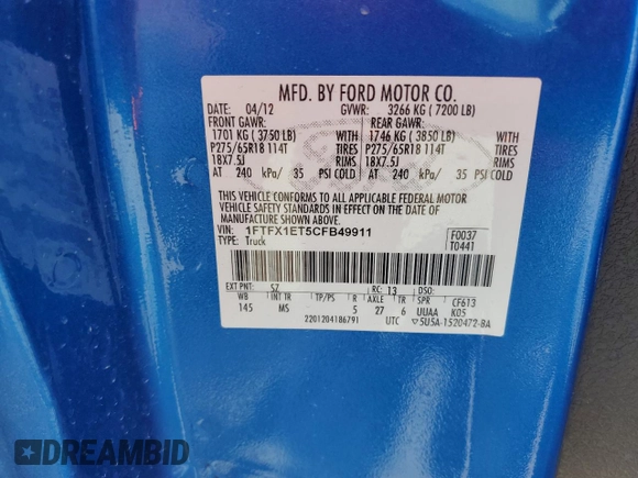 2012 Ford F-150 XL with VIN 1FTFX1ET5CFB49911, listed as a Copart auction lot 43584275 with 73,118 mi miles and Salvage Title. Bid and sale history available at carsss.com. Image 14.
