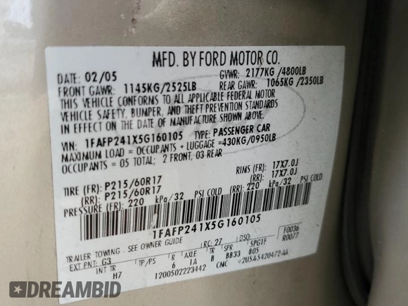 2005 Ford Five Hundred SEL with VIN 1FAFP241X5G160105, listed as a Copart auction lot 79487914 with 0 mi miles and Salvage Title. Bid and sale history available at carsss.com. Image 14.
