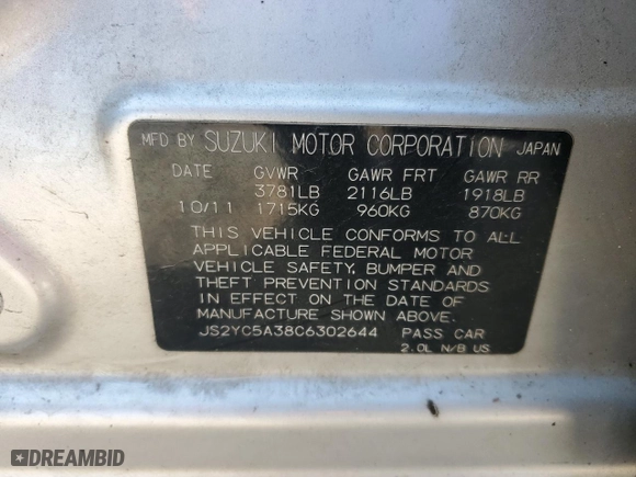 2012 Suzuki SX4 LE with VIN JS2YC5A38C6302644, listed as a Copart auction lot 45696145 with 162,691 mi miles and Salvage Title. Bid and sale history available at carsss.com. Image 14.