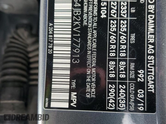 2019 Mercedes-Benz GLC 300 with VIN WDC0G4JB2KV177913, listed as a Copart auction lot 62783485 with Not provided miles and Salvage title. Bid and sale history available at DreamBid. Image 14.