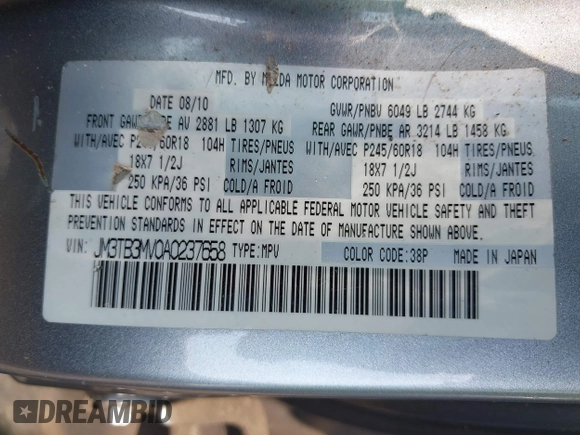 2010 Mazda CX-9 Touring with VIN JM3TB3MV0A0237658, listed as a IAAI auction lot 42460522 with 175,529 mi miles and . Bid and sale history available at DreamBid. Image 9.