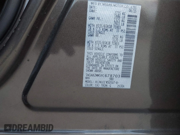 2015 Nissan Pathfinder Platinum с VIN 5N1AR2MM5FC678703, выставлен на аукционе IAAI как лот 42856269 с пробегом 356 966 миль миль и . История ставок и продаж доступна на DreamBid. Изображение 9.