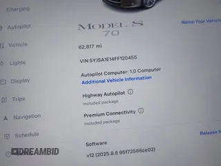 2015 Tesla Model S 85 with VIN 5YJSA1E14FF120455, listed as a IAAI auction lot 42053306 with 62,817 mi miles and . Bid and sale history available at DreamBid. Image 15.