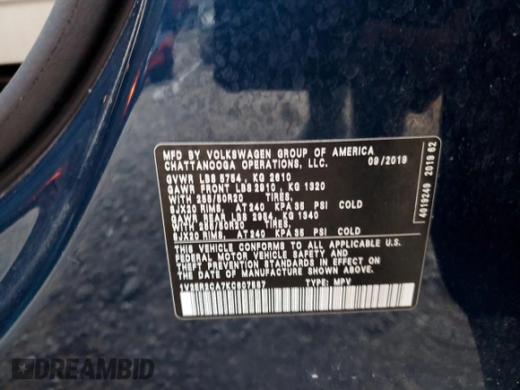 2019 Volkswagen Atlas SEL with VIN 1V2ER2CA7KC607587, listed as a Copart auction lot 43619275 with 125,184 mi miles and Clean title. Bid and sale history available at DreamBid. Image 14.