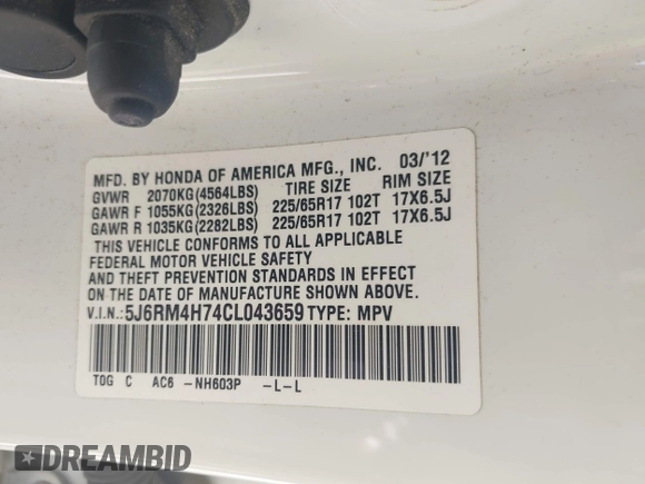 2012 Honda CR-V EX-L with VIN 5J6RM4H74CL043659, listed as a IAAI auction lot 42122926 with 135,594 mi miles and . Bid and sale history available at DreamBid. Image 9.