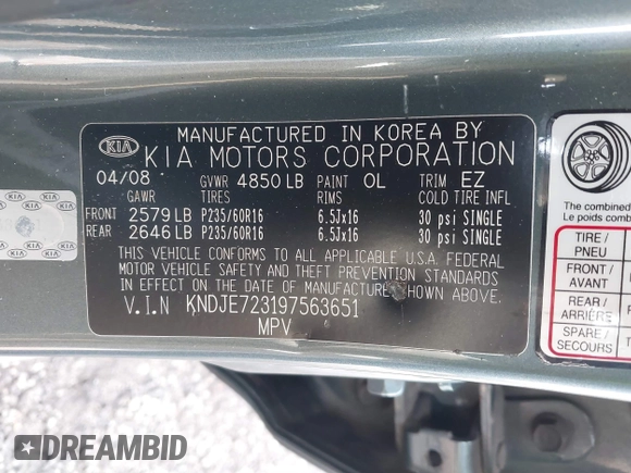 2009 Kia Sportage LX with VIN KNDJE723197563651, listed as a IAAI auction lot 41477610 with 168,797 mi miles and . Bid and sale history available at carsss.com. Image 9.