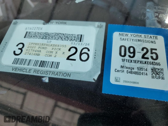 2020 Ford F-150 XL with VIN 1FTEX1EPXLKE68355, listed as a Copart auction lot 65419325 with 61,849 mi miles and Salvage title. Bid and sale history available at DreamBid. Image 12.