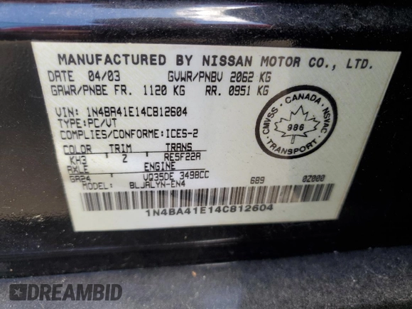 2004 Nissan Maxima SE with VIN 1N4BA41E14C812604, listed as a Copart auction lot 58680314 with 279,799 mi miles and Salvage Title. Bid and sale history available at carsss.com. Image 12.