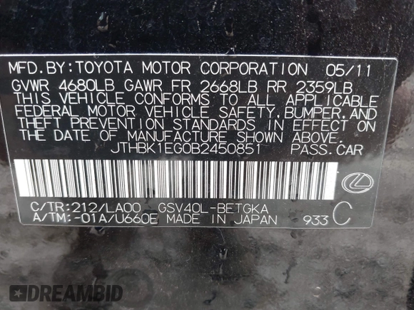 2011 Lexus ES with VIN JTHBK1EG0B2450851, listed as a IAAI auction lot 42101990 with 221,912 mi miles. Bid and sale history available at carsss.com. Image 9.