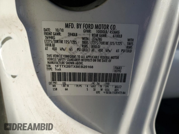 2011 Ford F-250 XL with VIN 1FT7X2BTXBEB25168, listed as a Copart auction lot 86093404 with 154,316 mi miles and Salvage Title. Bid and sale history available at DreamBid. Image 12.