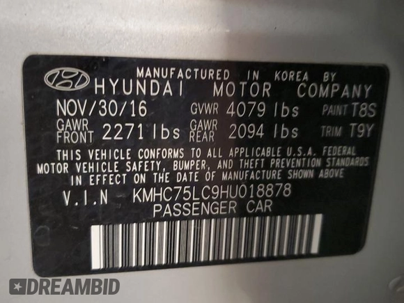 2017 Hyundai Ioniq SEL with VIN KMHC75LC9HU018878, listed as a Copart auction lot 61979995 with 184,309 mi miles and Clean title. Bid and sale history available at DreamBid. Image 12.