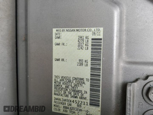 2012 Nissan Altima S with VIN 1N4AL2AP2CN452211, listed as a Copart auction lot 54756845 with 174,231 mi miles and Salvage Title. Bid and sale history available at DreamBid. Image 12.