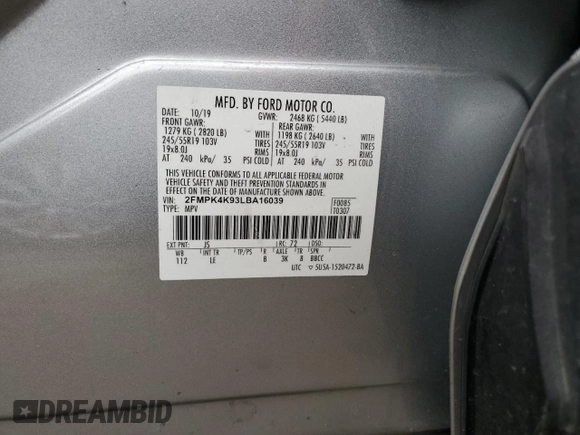2020 Ford Edge Titanium with VIN 2FMPK4K93LBA16039, listed as a Copart auction lot 43645235 with 0 mi miles and Salvage Title. Bid and sale history available at carsss.com. Image 13.