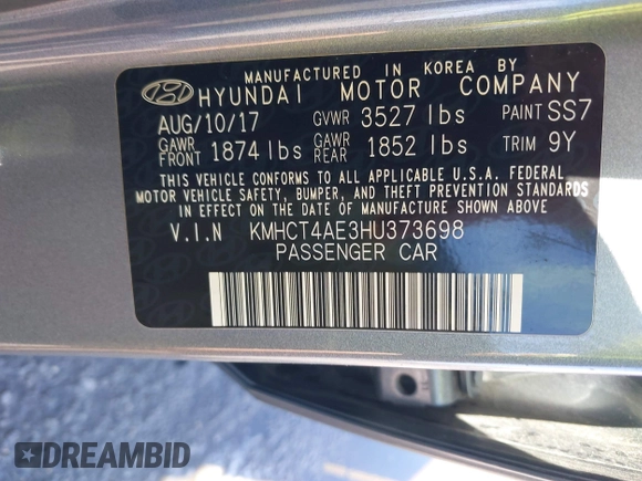 2017 Hyundai Accent SE with VIN KMHCT4AE3HU373698, listed as a IAAI auction lot 41817336 with 1 mi miles. Bid and sale history available at carsss.com. Image 9.